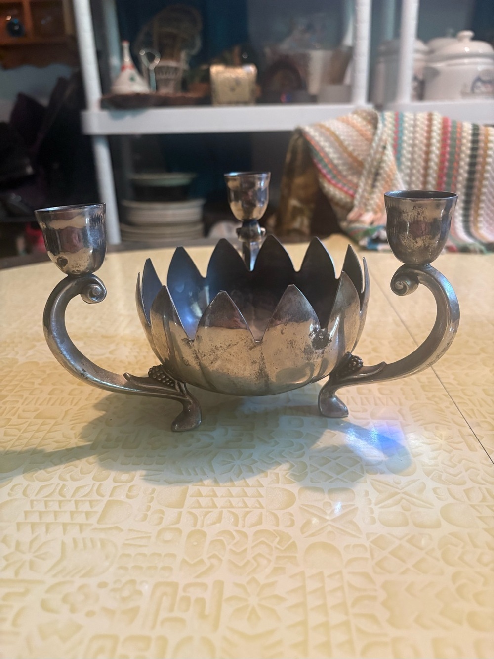 Vintage Silver-Tone Lotus Triple Candle Holder